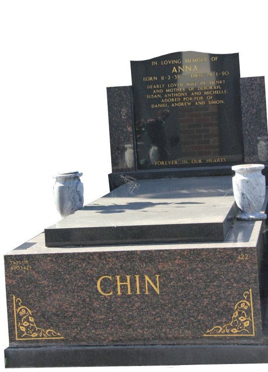 Gravestone and Monument Headstone in Maple Red and Royal Black Indian Granites for Anna Chin in Box Hill Cemetery Grave Monuments.