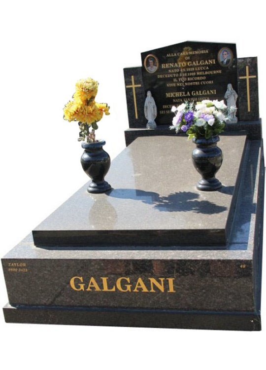 Gravestone and Monument Headstone in New Mahogany and Royal Black Indian Granite for Galgani in Box Hill Cemetery Grave Monuments.