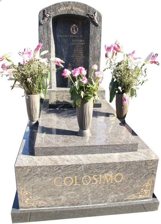 Gravestone and Monument Headstone in Platinum Blue and Royal Black Indian Granites for Colosimo in Box Hill Cemetery Grave Monuments.