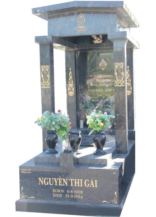 Gravestone and Monument Headstone in Platinum Blue and Royal Black Indian Granites for Nguyen Thi Gai in Box Hill Cemetery Grave Monuments.