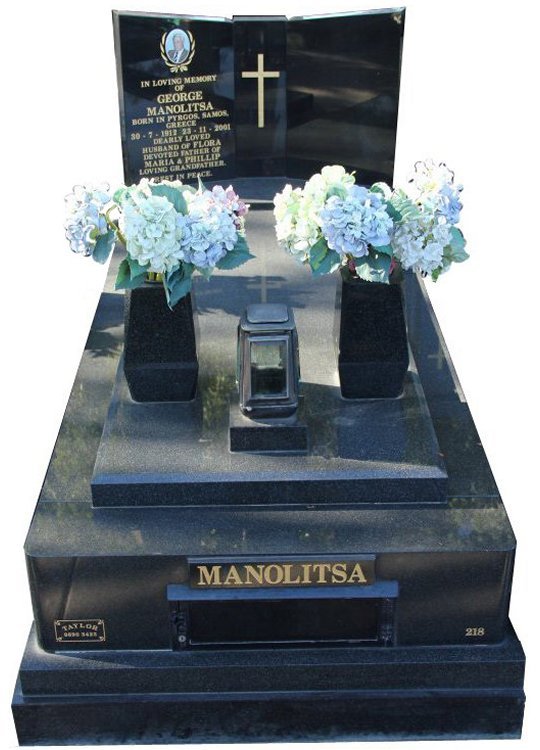 Gravestone and Monument Headstone in Regal Black (Dark) and Royal Black Indian Granite for Manolitsa in Box Hill Cemetery Grave Monuments.