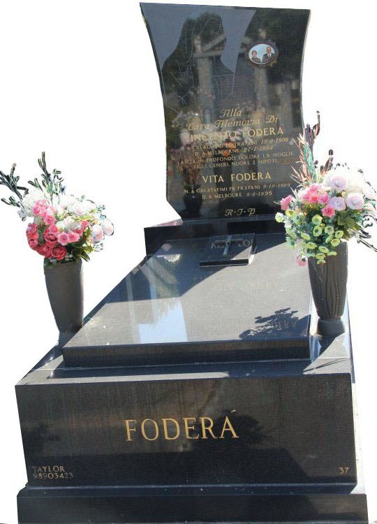 Gravestone and Monument Headstone in Royal Black Indian Granite for Fodera in Box Hill Cemetery Grave Monuments.