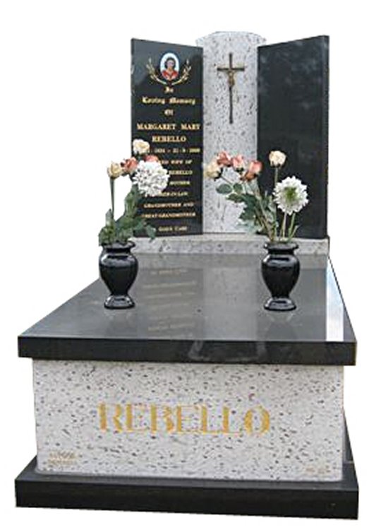 Springvale White Galaxy and Royal Black Indian Granites Full Monument Rebello Cemetery Memorial