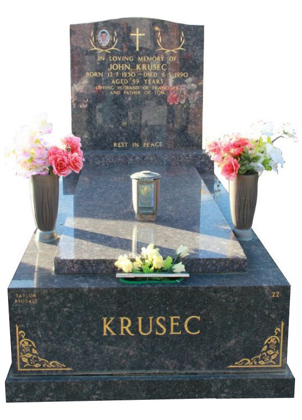 Granite Memorial and Full Monument Headstone in Sapphire Brown Indian Granite for Krusec at Springvale Botanical Cemetery