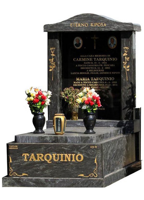 Granite Memorial and Full Monument Headstone in Silk Blue and Royal Black Indian Granite for Tarquinio at Burwood Cemetery