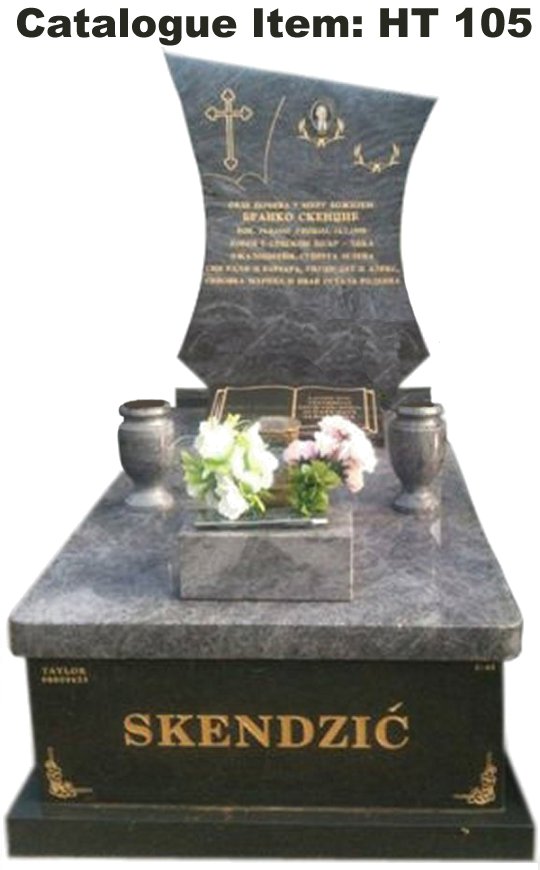 Gravestone Catalogue Item HT105 Monument Headstone in Bahama Blue and Regal Black (Dark) Indian Granite