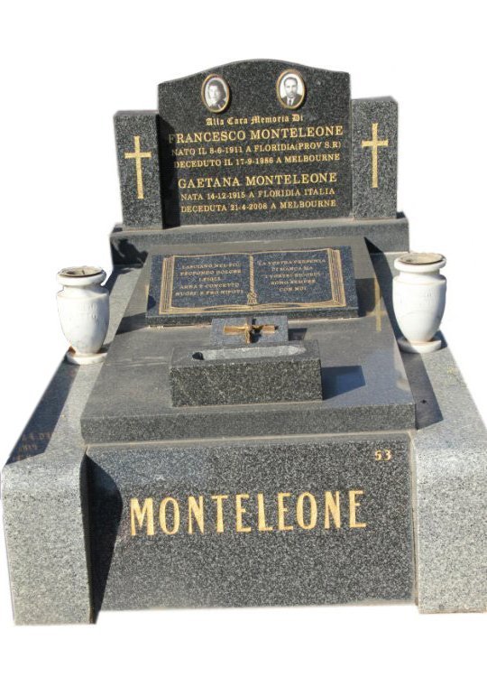 Harcourt Grey and Grandee Black Australian Granite Tombstone for Monteleone in Box Hill Graveyard