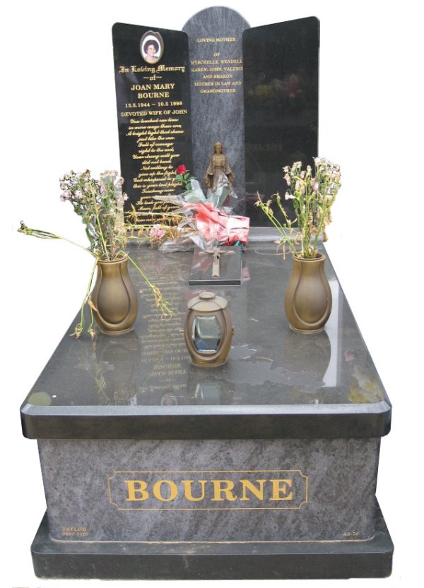 Memorial headstone over full monument in Bahama Blue and Royal Black for Bourne at Springvale Botanical Cemetery.