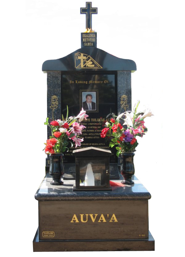 Memorial headstone over full monument in Blue Pearl and Royal Black for Auva'A at Werribee Cemetery.