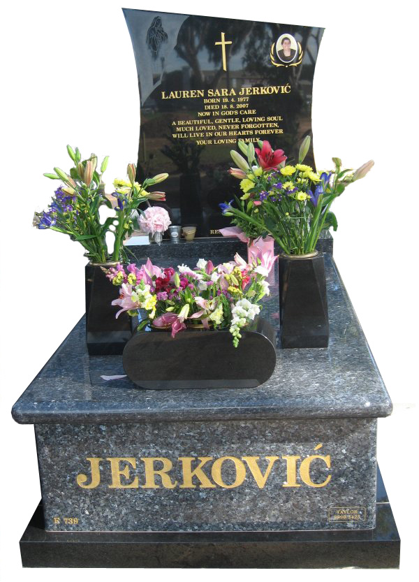 Memorial headstone over full monument in Blue Pearl and Royal Black for Jerkovic at Werribee Cemetery.