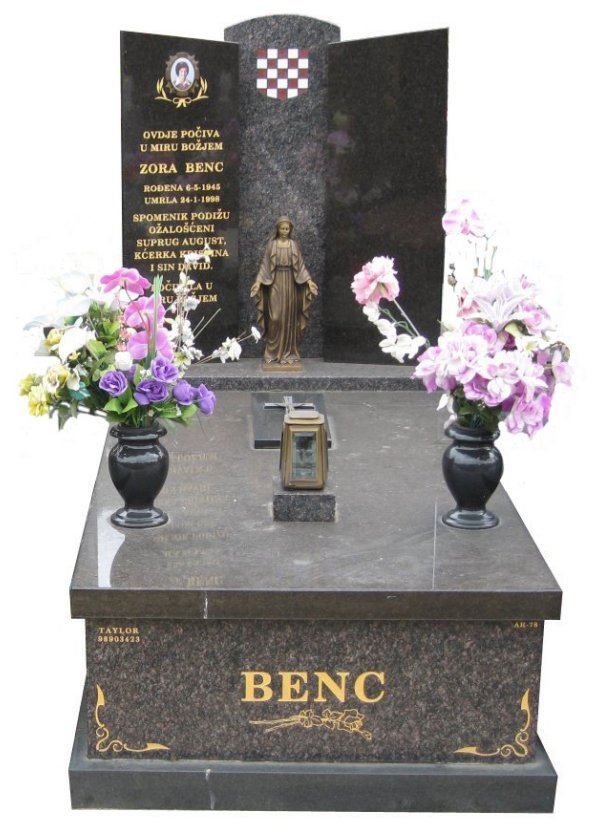 Memorial headstone over full monument in New Mahogany and Royal Black for Benc at Springvale Botanical Cemetery.