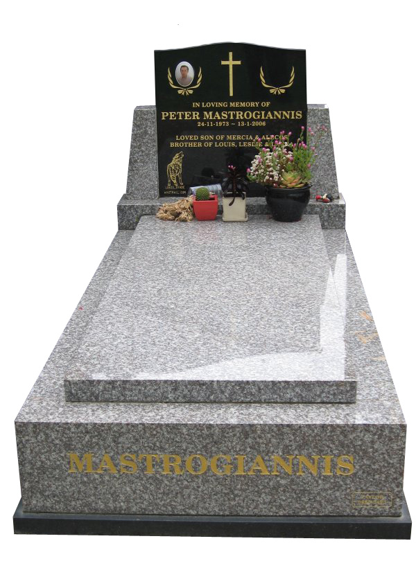 Memorial headstone over full monument in Oceanic Grey and Royal Black for Mastrogiannis at Springvale Botanical Cemetery