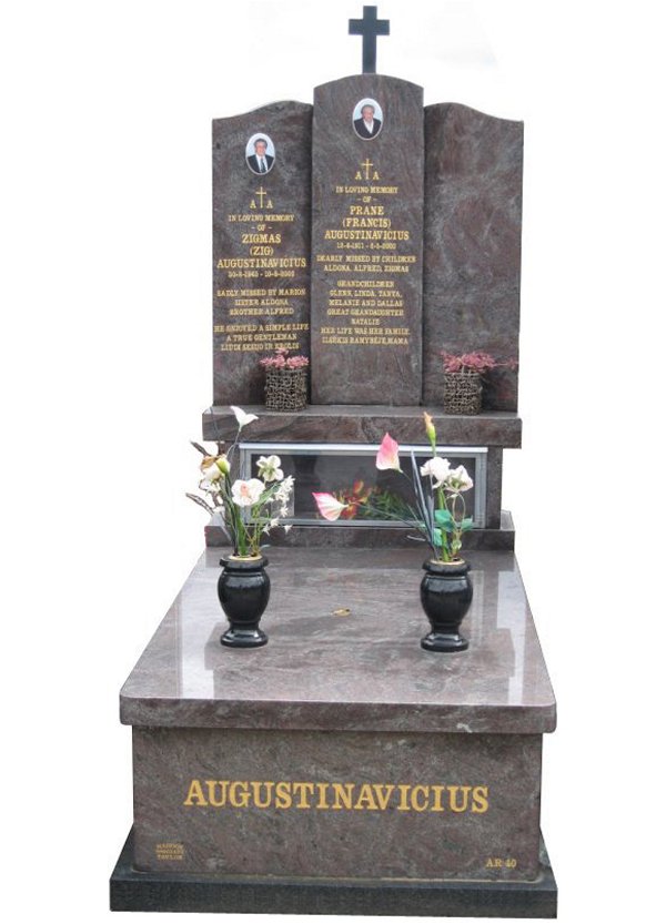 Memorial headstone over full monument in Paradiso and Royal Black for Augustinavicius at Springvale Botanical Cemetery.