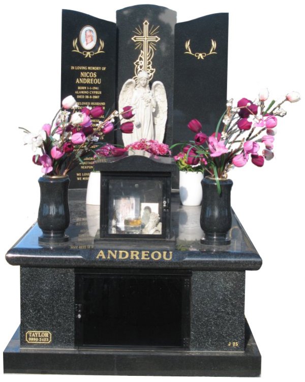 Memorial headstone over full monument in Regal Black (Dark) and Royal Black for Andreou at Springvale Botanical Cemetery