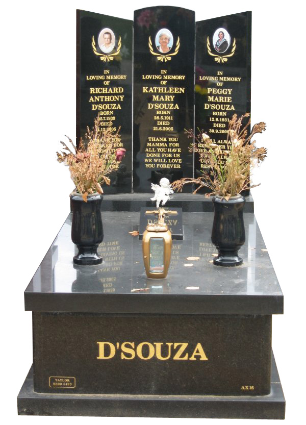 Memorial headstone over full monument in Bahama Blue and Royal Black for Bourne at Springvale Botanical Cemetery