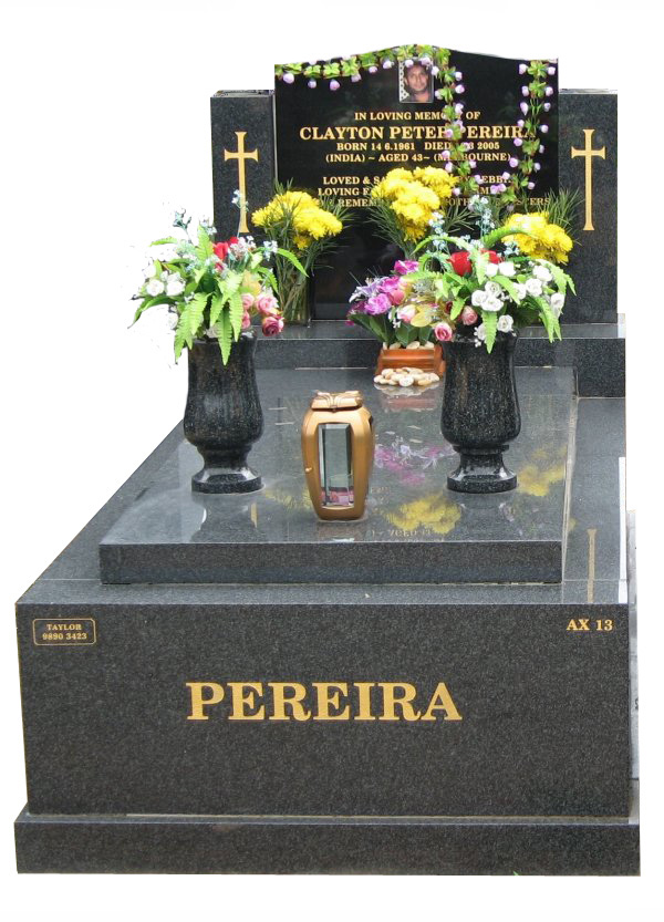 Memorial headstone over full monument in Regal Black (Dark) and Royal Black for Pierra at Springvale Botanical Cemetery