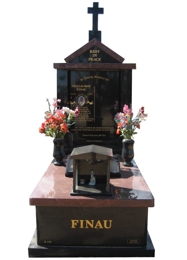 Memorial headstone over full monument in Ruby Red and Royal Black for Finau at Werribee Cemetery.