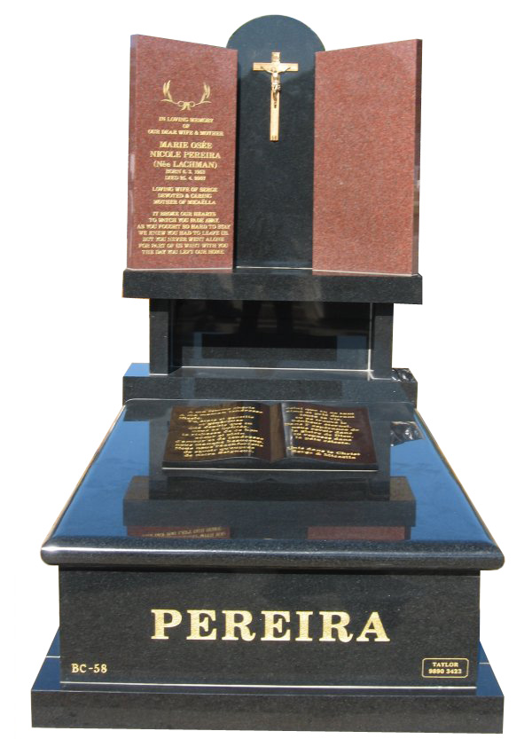 Memorial headstone over full monument in Ruby Red and Royal Black for Pierra at Springvale Botanical Cemetery.