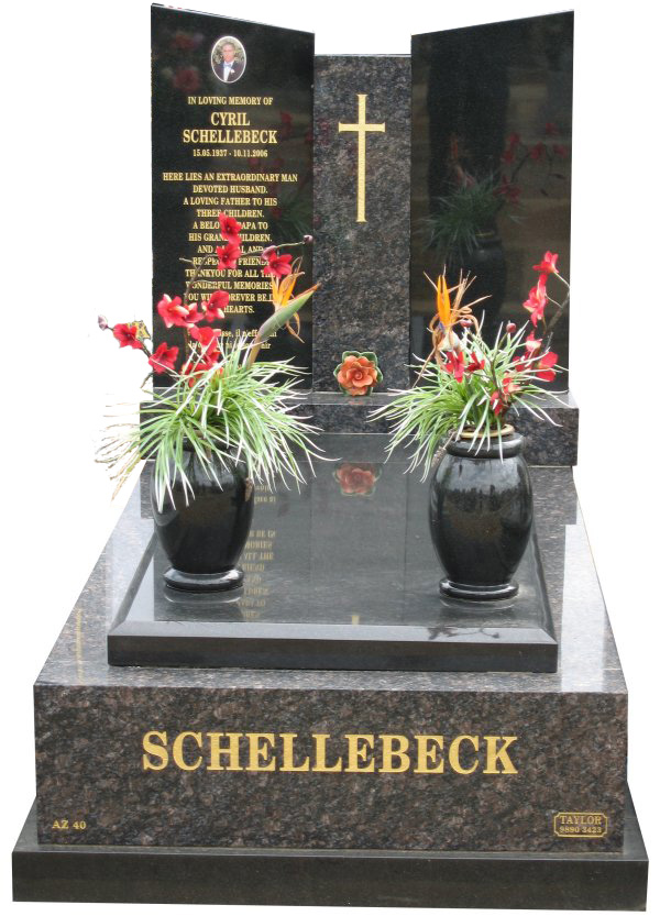 Memorial headstone over full monument in Sapphire Brown and Royal Black for Schellebeck at Springvale Botanical Cemetery.