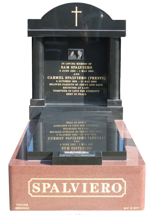 Memorial headstone over full monument in Sentinel Red and Royal Black for Spalviero at Werribee Cemetery.