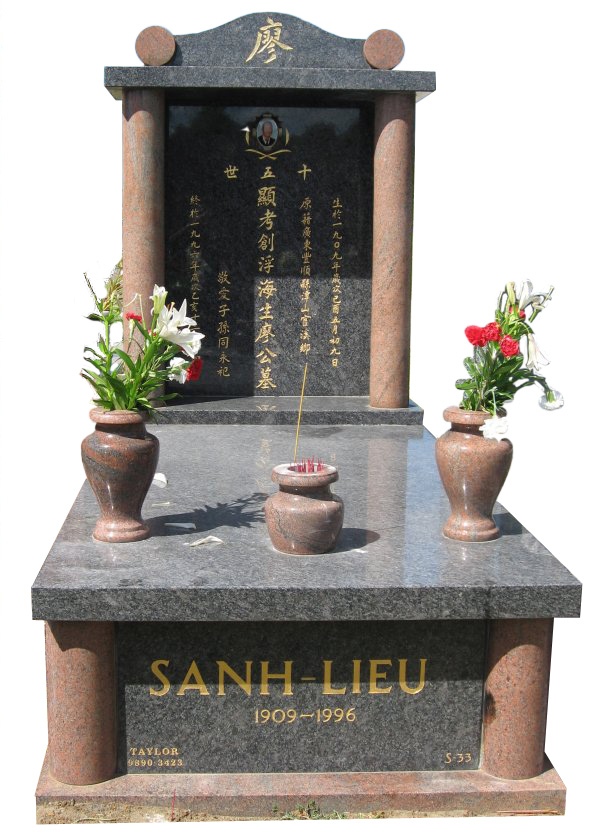 Memorial headstone over full monument in Steel Grey and Multicolor Red for Sanh-Lieu at Springvale Botanical Cemetery.