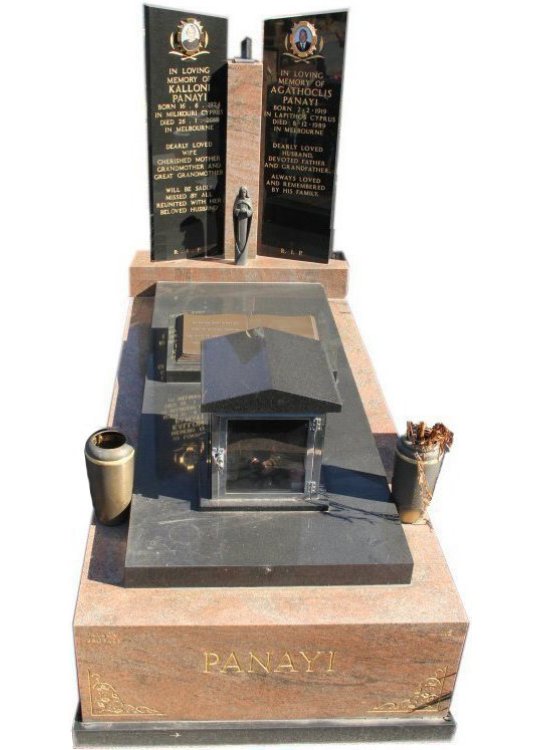 Tombstone, built in Multicolour Red and Royal Black Indian granite for Panayi in the Box Hill graveyard.