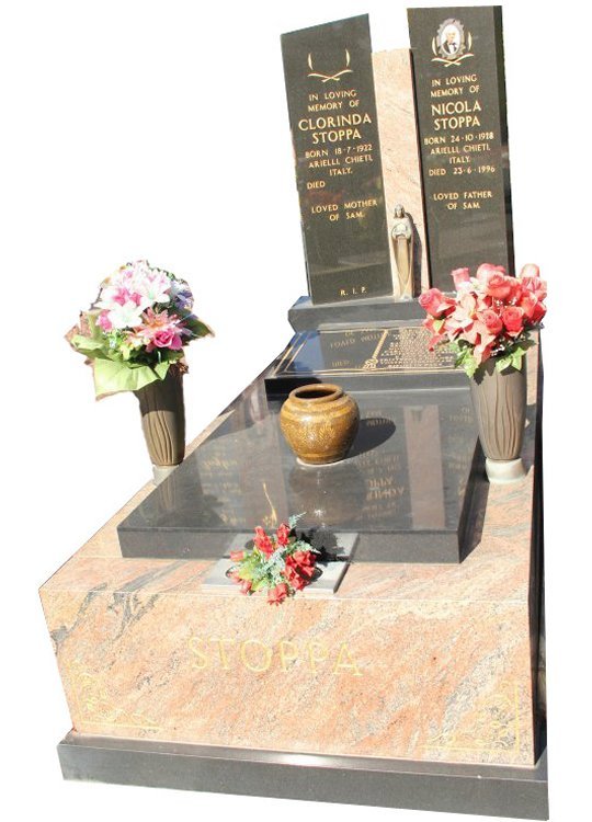 Tombstone, built in Multicolour Red and Royal Black Indian granite for Stoppa in the Box Hill graveyard.