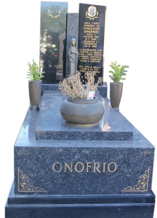 Tombstone, built in Sapphire Brown and Royal Black Indian granite for Vincento Onofrio in the Box Hill graveyard.